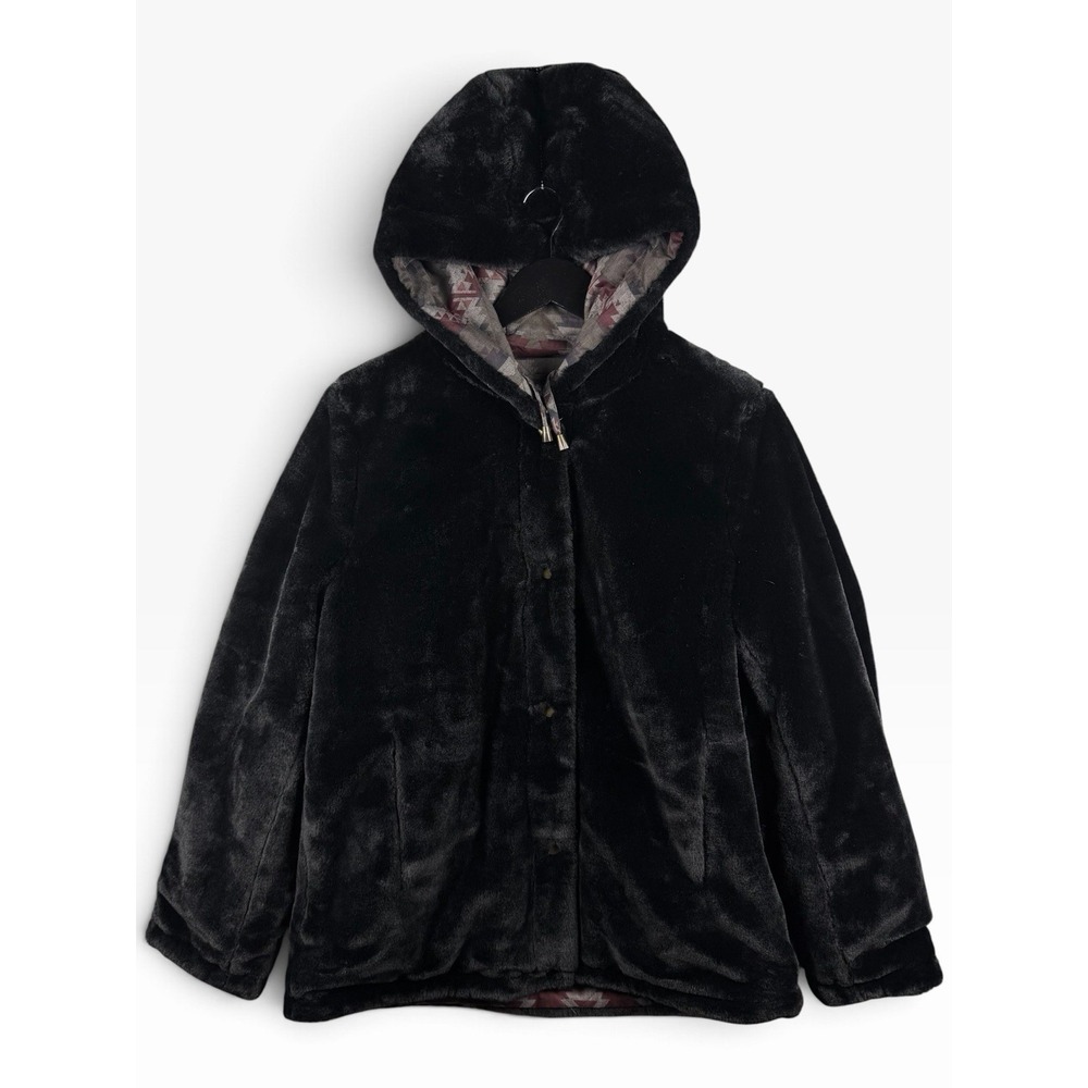 Pendleton Reversible Faux Fur Aztec Hooded Jacket Sz M in Black, Gray
